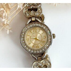 Gold Toned Faced & Rhinestone Chainlink Bracelet Vintage Watch - 15mm - WORKS!